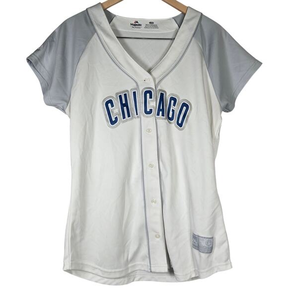 Majestic Chicago Cubs Fan Fashion Short Sleeve Button Down Sewn‎ Jersey White L - Picture 1 of 10